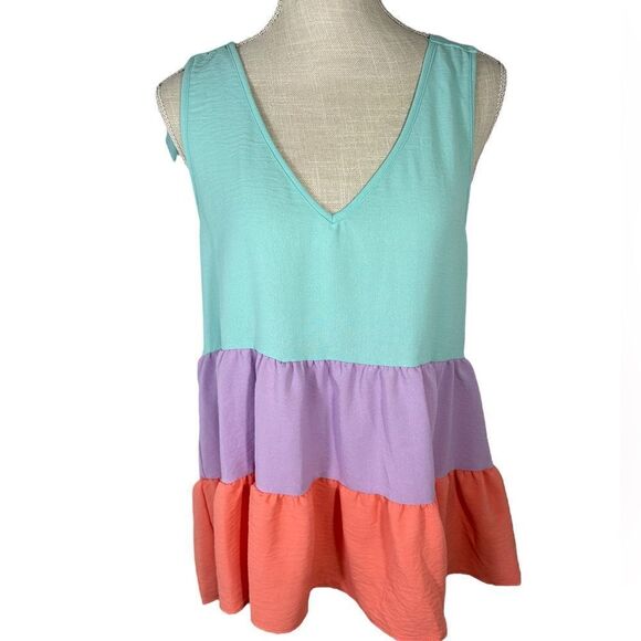 BiBi Purple Peach & Aqua Blue Color Block Tiered Tie Shoulder Boho Tank - Picture 2 of 5